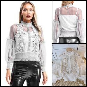 The Way See-through White Mesh Flower Applique Lantern Sleeves Lace Blouse OS
